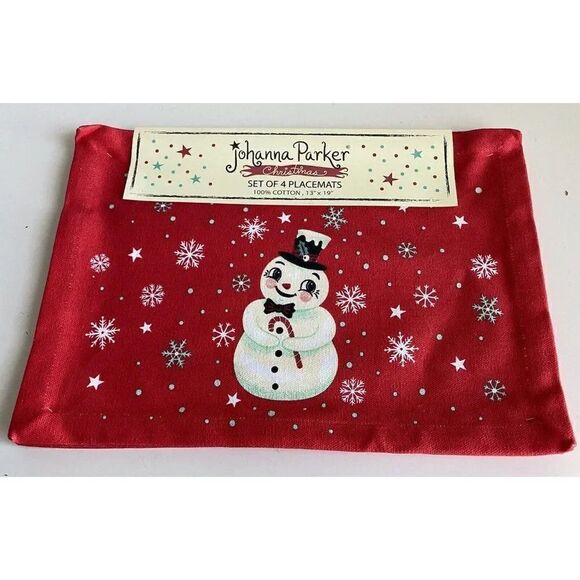 Set Of 4 Johanna Parker Christmas Snowman Placemats Holiday Retro NEW - Picture 1 of 9